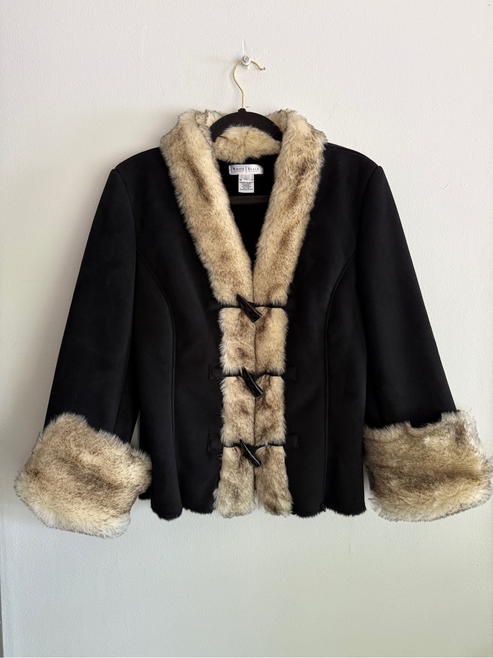White House Black Market Faux Suede Fur Trim Toggle Jacket Black Size Large L